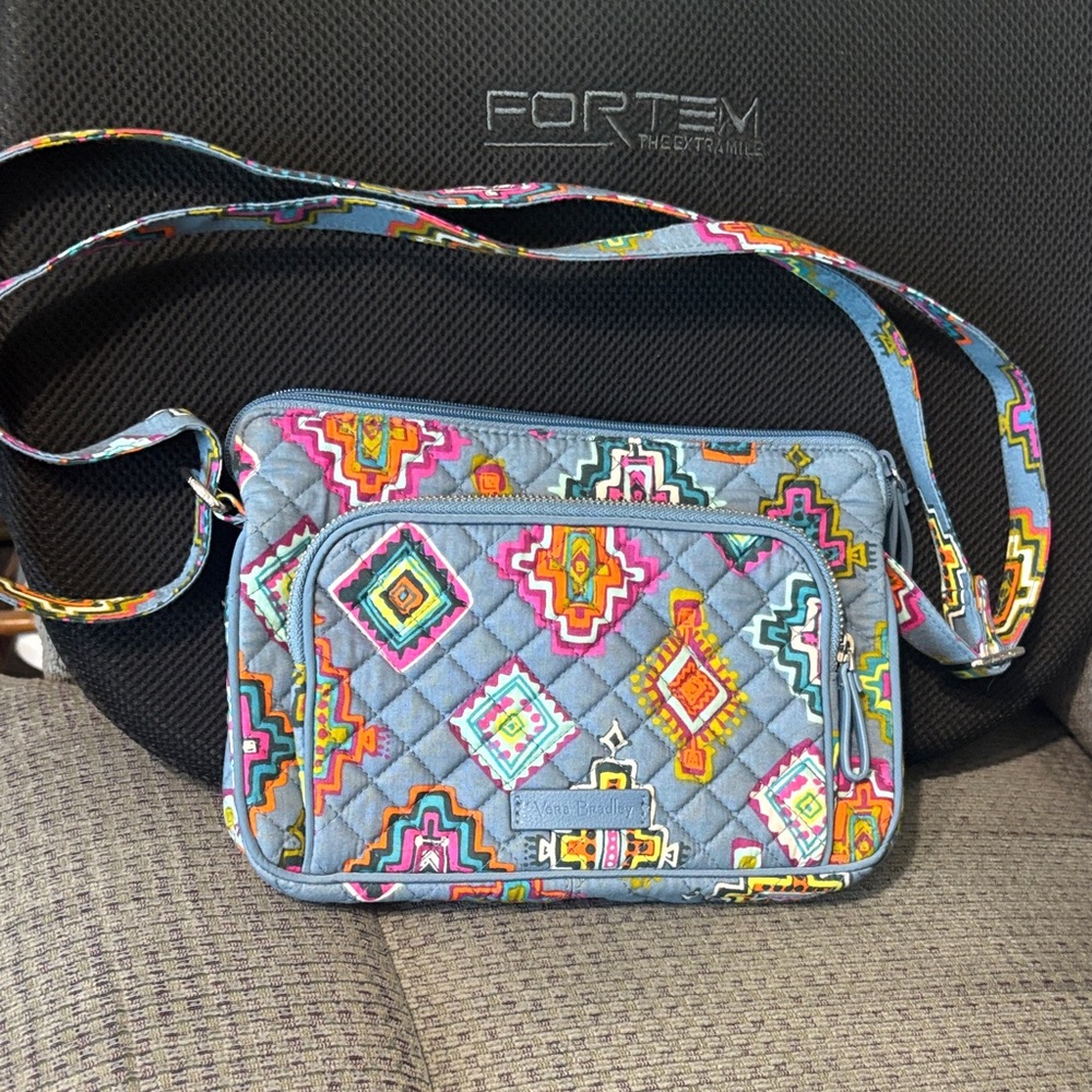 Vera Bradley Light Blue Quilted Crossbody with Multicolor Geometric Print